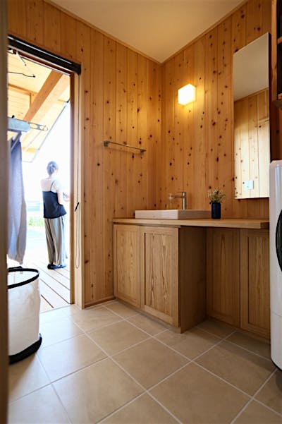 洗面脱衣室からアクセスできる屋根付き干場。便利！