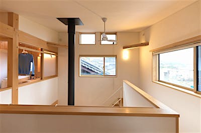 2階に水回りのあるK様邸。洗面脱衣室から吹抜け側には物干しバーを設置。薪ストーブの熱で効率良く室内干しが出来る。