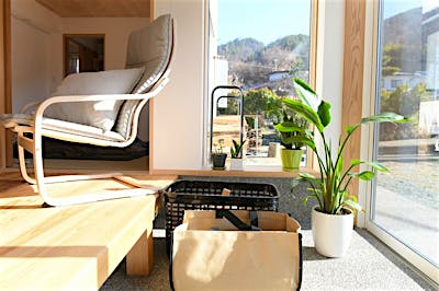 FIX窓の下枠の奥行を深くして、グリーンが飾れるスペースとした。