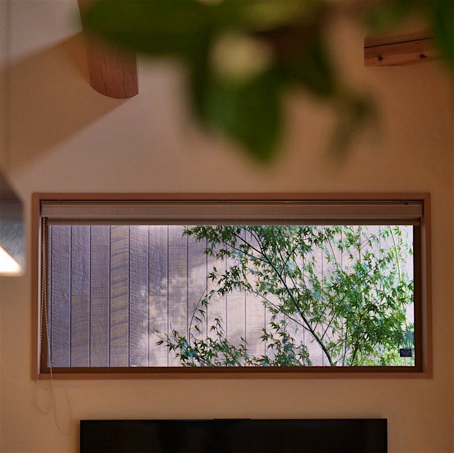 リビングから中庭を望む。壁掛けのTV位置も窓枠に合わせて調整した。