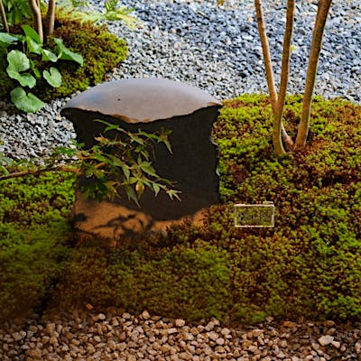 中庭にはお知り合いの作家さんから譲って貰った庭石が鎮座。苔生している感じも美しい。