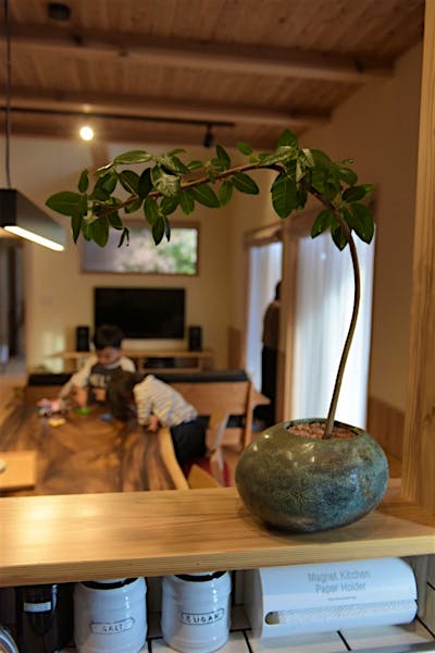 キッチンからダイニング、リビングを望む。子供たちの様子も見えて安心。