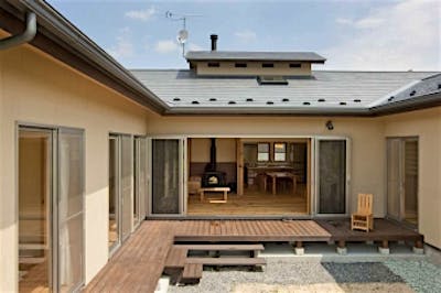 コの字に配置した平屋の中心には、プライベートな中庭が。L字のウッドデッキを介して外とのつながりがより濃密に。