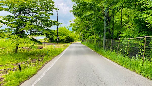 全面道路。西側から東側へ向かって撮影。画面右手の森は中軽井沢カントリークラブ。