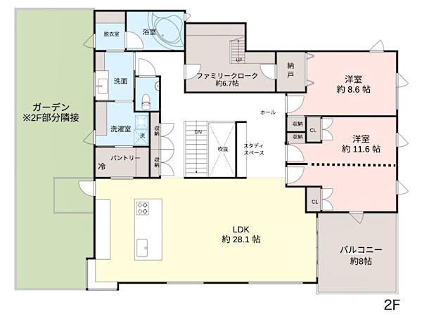 2F床面積/約138m2(42坪)+バルコニー/ 約13m2(4坪)
