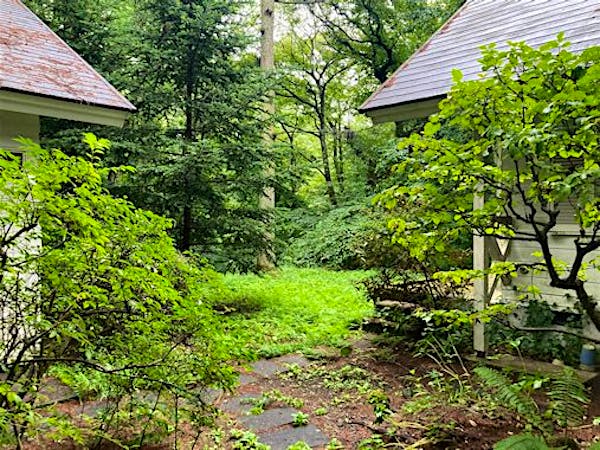 ガレージから母屋 (右) と離れ (左)